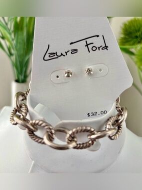 Laura Ford Silvertone Chain link bracelet and clear rhinestone post earrings